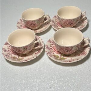 Vtg Johnson Bros Rose Chintz Cups and Saucers Hand Engraving Made England Set 4
